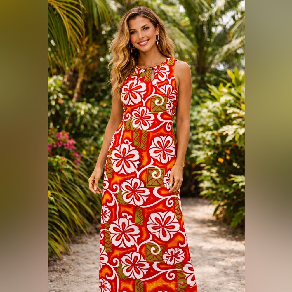 Vintage Made in Hawaii Handmade Maxi Dress Hibiscus Tropical Luau Resort
